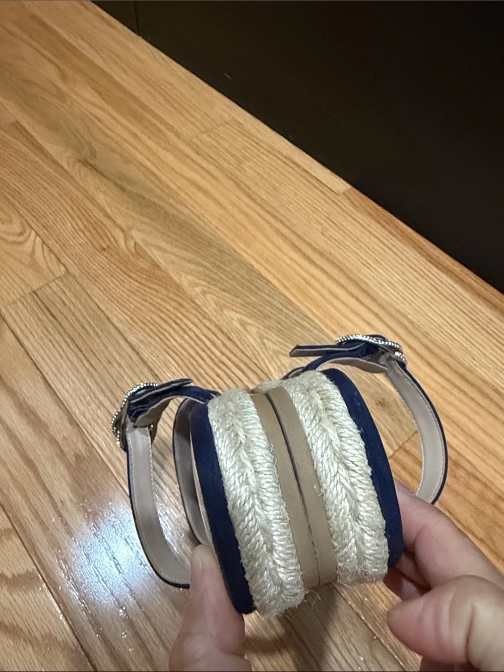 Stuart Weitzman Navy Suede Espadrille Slide with Crystal Buckle